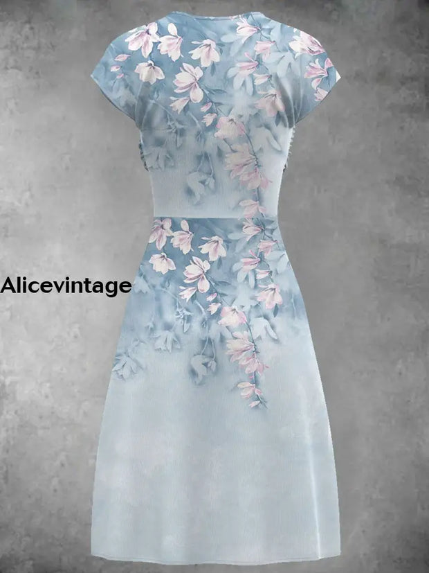 Vintage Floral Art Print Short Sleeve Midi Dress