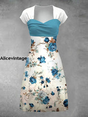 Vintage Floral Art Print Short Sleeve Midi Dress