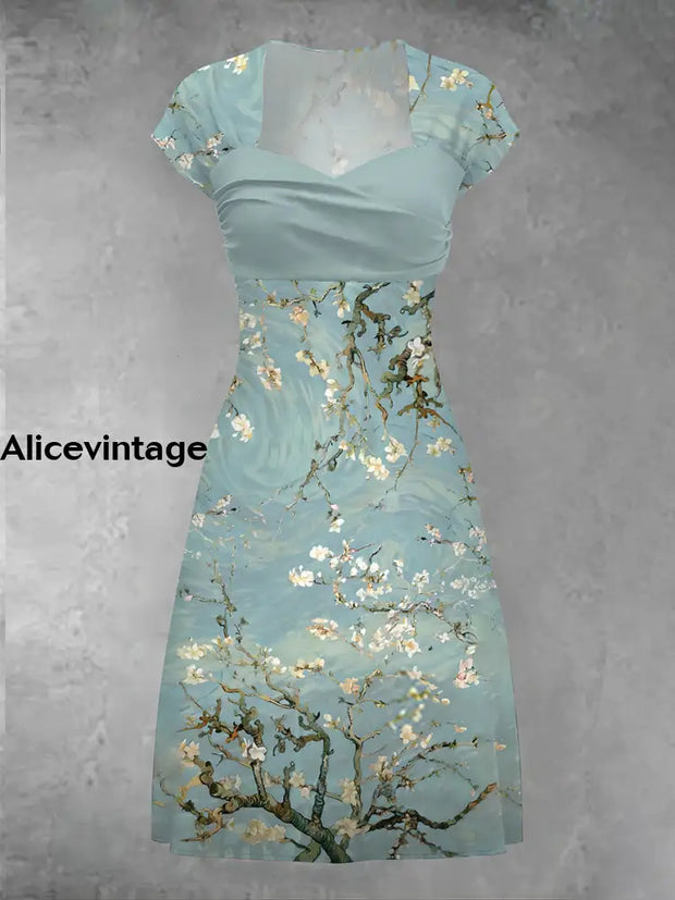 Vintage Floral Art Print Short Sleeve Midi Dress A / S