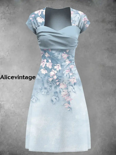 Vintage Floral Art Print Short Sleeve Midi Dress Color / S