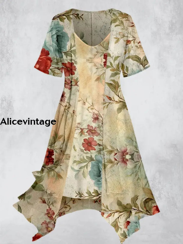 Vintage Floral Art Print Short Sleeve Two Piece Midi Dress A / S