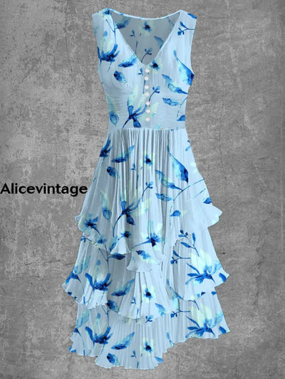 Vintage Floral Art Print Sleeveless V Neck Button Elegant Chic Flowing Midi Dress A / S