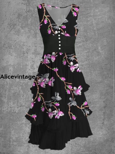 Vintage Floral Art Print Sleeveless V-Neck Button Elegant Chic Flowy Midi Dress A / S