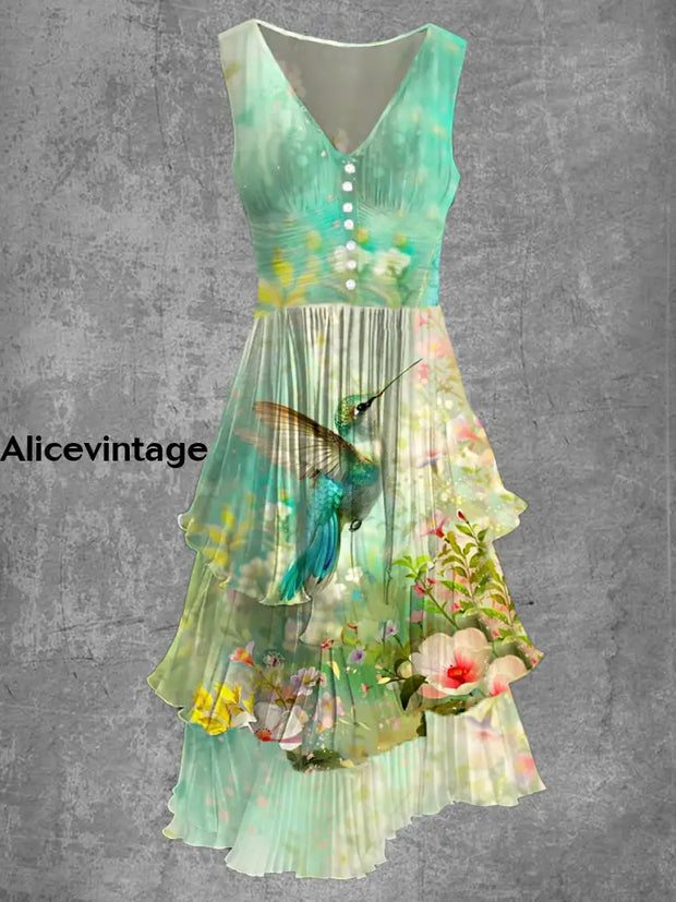 Vintage Floral Art Print Sleeveless V-Neck Button Up Midi Dress A / S