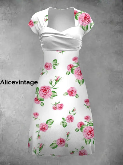 Vintage Floral Art Print V Elegant And Chic Short Sleeve Mini Dress A / S