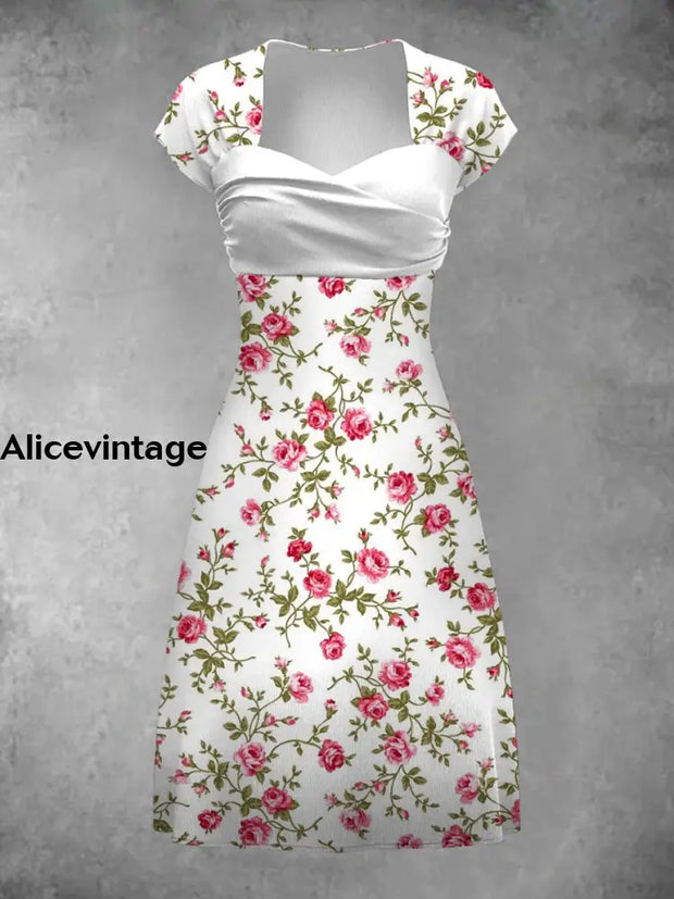 Vintage Floral Art Print V Elegant And Chic Short Sleeve Mini Dress A / S