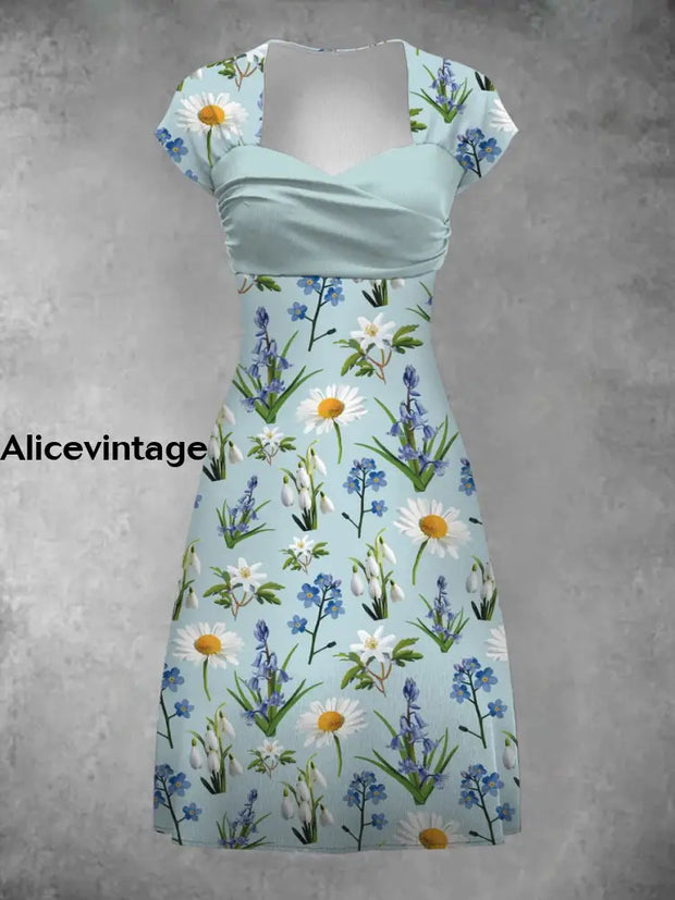 Vintage Floral Art Print V Elegant And Chic Short Sleeve Mini Dress A / S