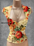 Vintage Floral Art Print V-Neck Casual Top A / S