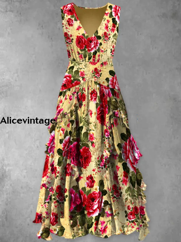 Vintage Floral Art Print V-Neck Chic Sleeveless Maxi Dress A / S