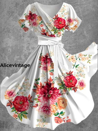 Vintage Floral Art Print V-Neck Chiffon Cross-Pleated Short-Sleeve Flowy Midi Dress A / S