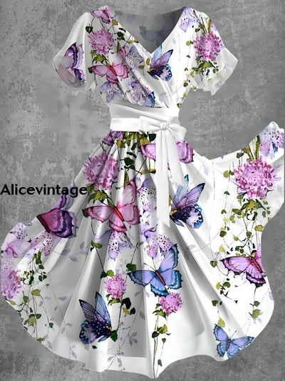 Vintage Floral Art Print V-Neck Chiffon Cross-Pleated Short-Sleeve Flowy Midi Dress A / S