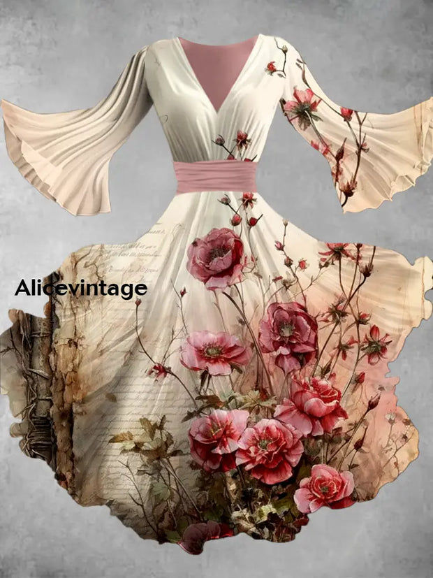 Vintage Floral Art Print V Neck Elegant Chic Flowy Midi Dress A / S