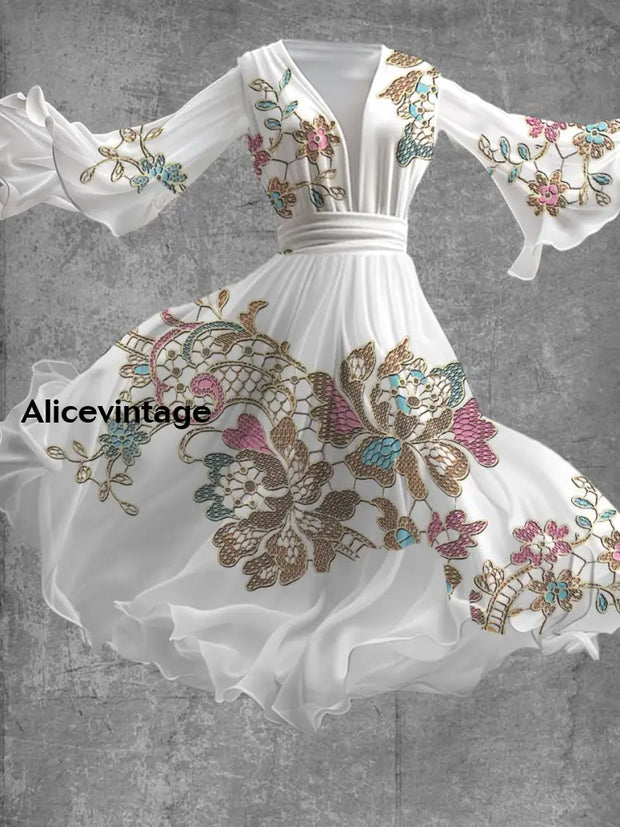 Vintage Floral Art Print V Neck Elegant Chic Flowy Midi Dress A / S