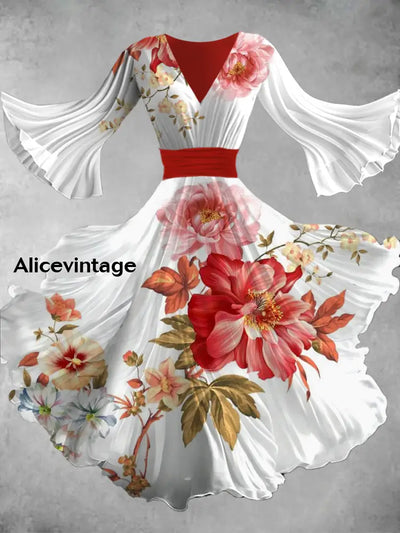 Vintage Floral Art Print V Neck Elegant Chic Flowy Midi Dress A / S