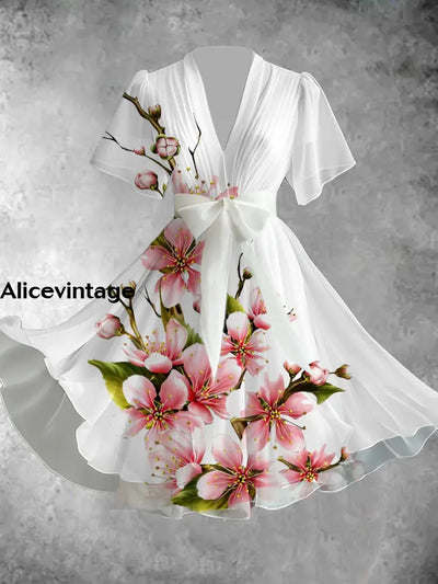 Vintage Floral Art Print V-Neck Elegant Chic Short Sleeve Flowy Midi Dress A / S