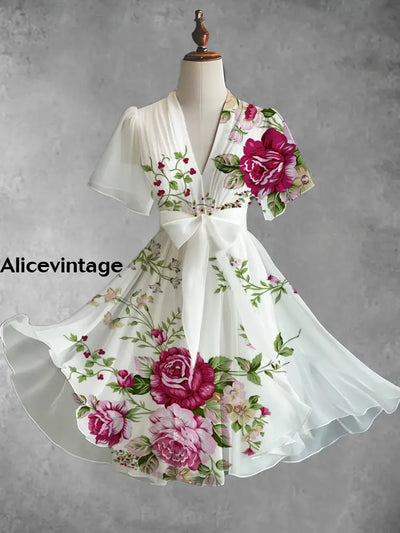 Vintage Floral Art Print V-Neck Elegant Chic Short Sleeve Flowy Midi Dress A / S