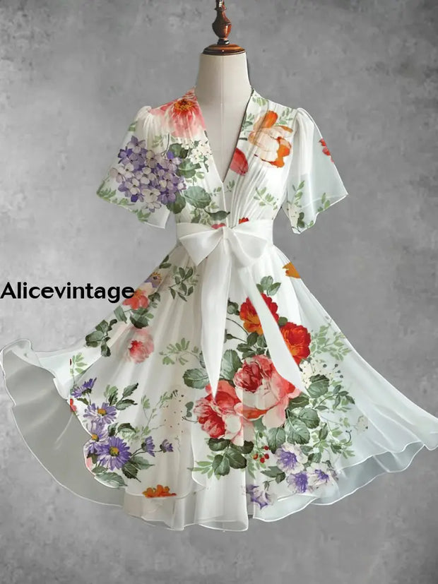 Vintage Floral Art Print V-Neck Elegant Chic Short Sleeve Flowy Midi Dress A / S