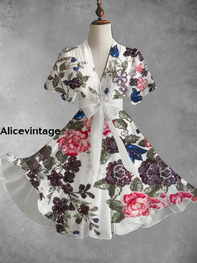 Vintage Floral Art Print V-Neck Elegant Chic Short Sleeve Flowy Midi Dress A / S