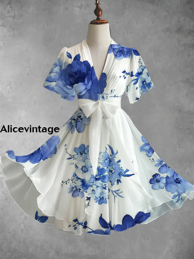 Vintage Floral Art Print V-Neck Elegant Chic Short Sleeve Flowy Midi Dress A / S