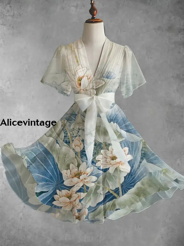 Vintage Floral Art Print V-Neck Elegant Chic Short Sleeve Flowy Midi Dress A / S