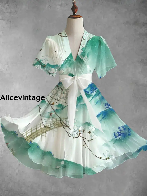 Vintage Floral Art Print V-Neck Elegant Chic Short Sleeve Flowy Midi Dress A / S