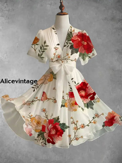 Vintage Floral Art Print V-Neck Elegant Chic Short Sleeve Flowy Midi Dress A / S