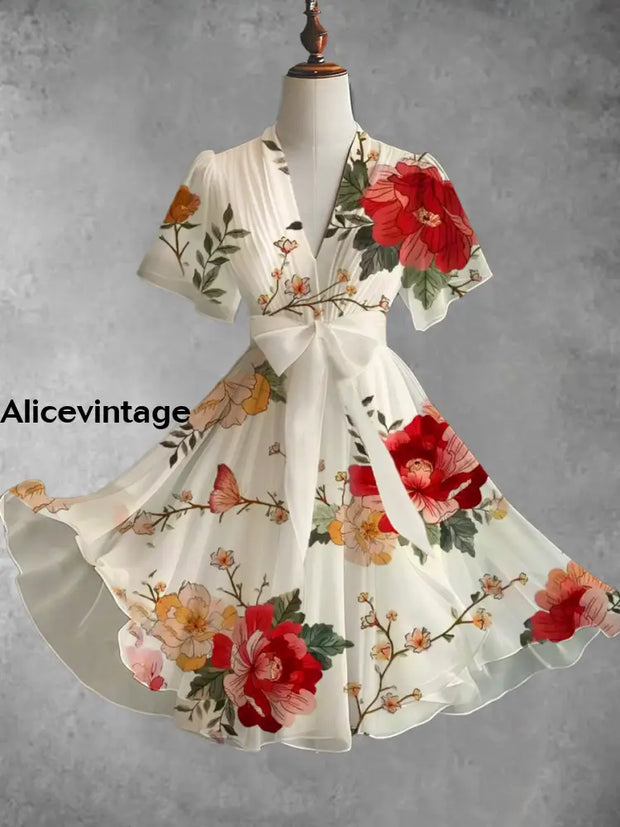 Vintage Floral Art Print V-Neck Elegant Chic Short Sleeve Flowy Midi Dress A / S