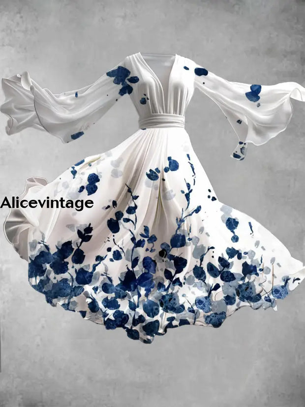 Vintage Floral Art Print V-Neck Long-Sleeve Flowy Dress A / S