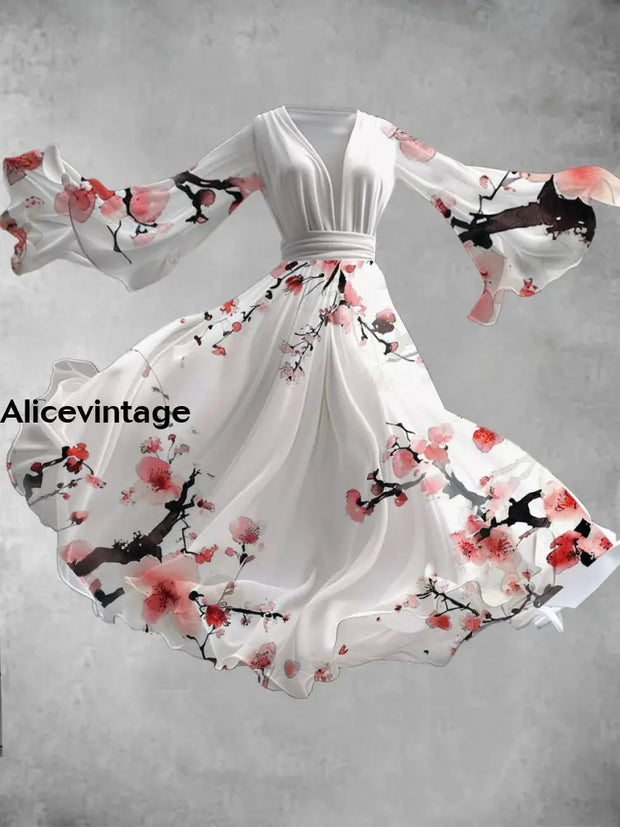 Vintage Floral Art Print V-Neck Long Sleeve Flowy Dress A / S