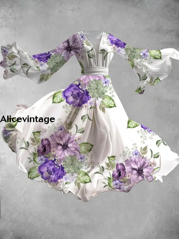 Vintage Floral Art Print V-Neck Long Sleeve Flowy Dress A / S