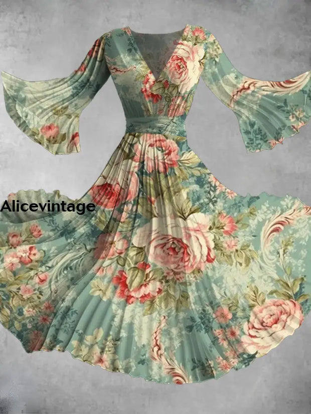 Vintage Floral Art Print V-Neck Long Sleeve Flowy Midi Dress A / S