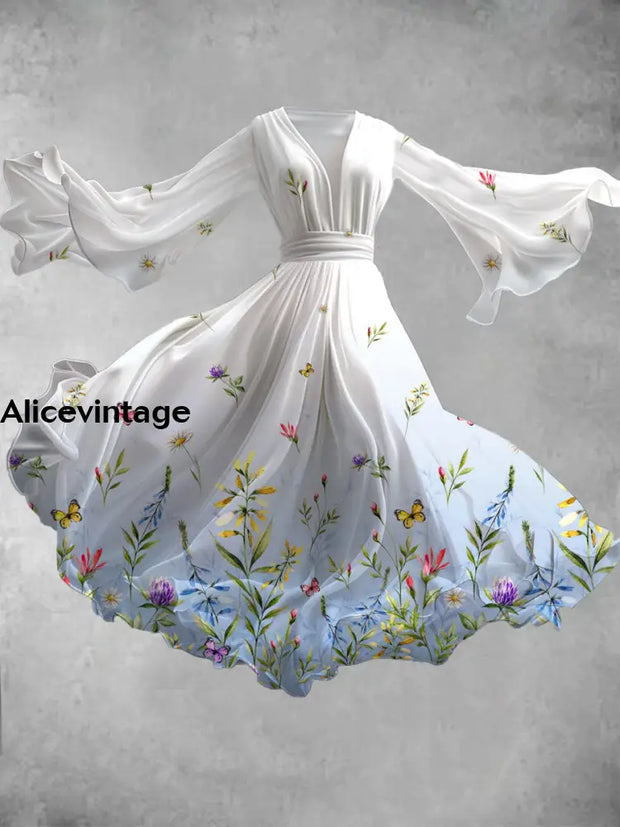 Vintage Floral Art Print V-Neck Long Sleeve Flowy Midi Dress A / S