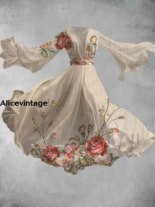 Vintage Floral Art Print V-Neck Long Sleeve Flowy Midi Dress A / S