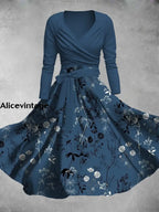 Vintage Floral Art Print V-Neck Long Sleeve Midi Dress