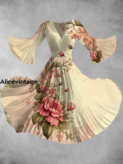 Vintage Floral Art Print V-Neck Long Sleeve Midi Dress