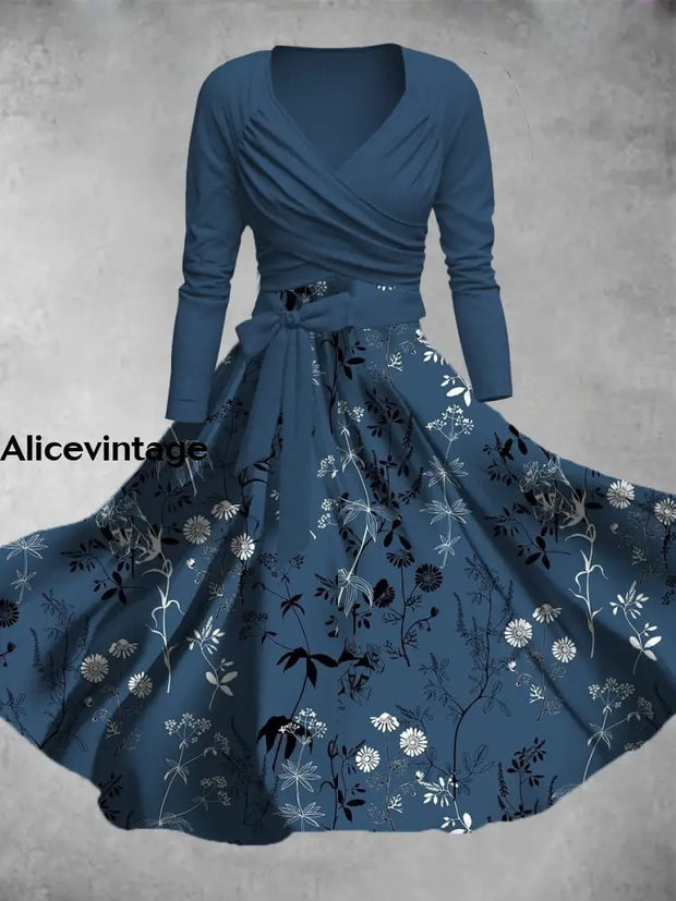 Vintage Floral Art Print V-Neck Long Sleeve Midi Dress A / S