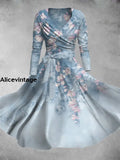 Vintage Floral Art Print V-Neck Long Sleeve Midi Dress A / S