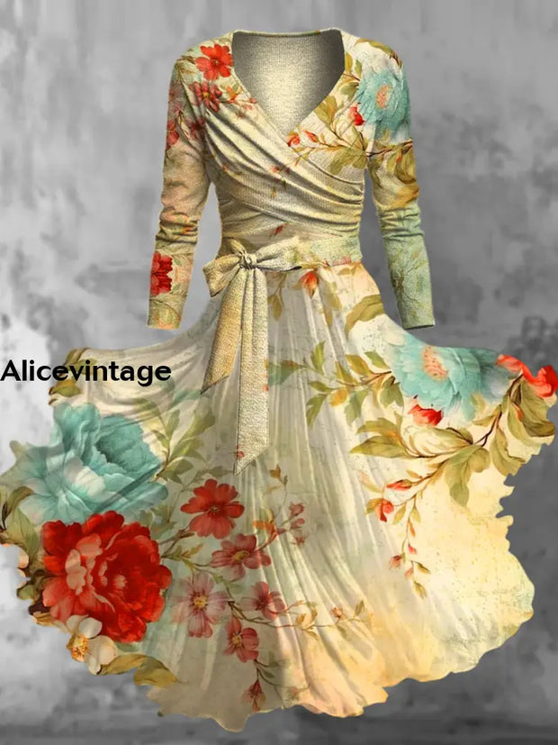 Vintage Floral Art Print V-Neck Long Sleeve Two-Piece Midi Dress A / S