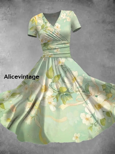 Vintage Floral Art Print V Neck Midi Dress A / S