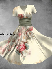 Vintage Floral Art Print V-Neck Short Sleeve Elegant Midi Dress