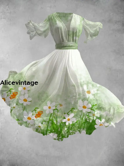 Vintage Floral Art Print V-Neck Short Sleeve Flowy Dress A / S