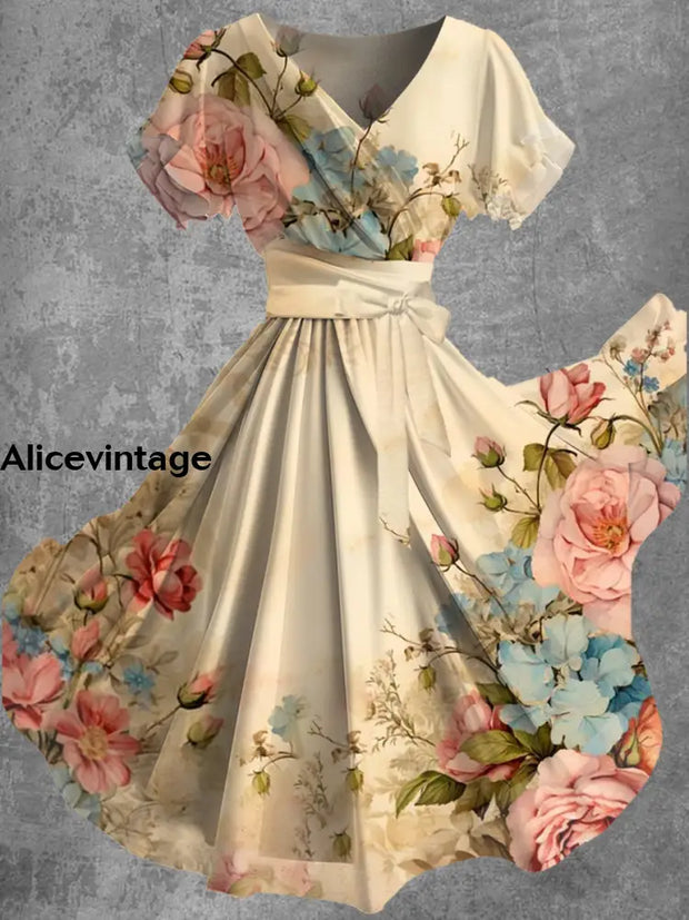 Vintage Floral Art Print V-Neck Short Sleeve Flowy Midi Dress A / M