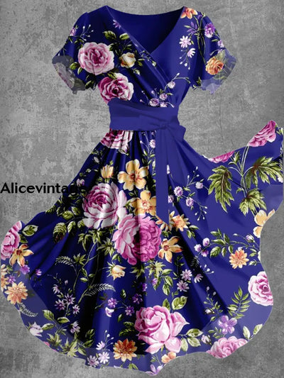 Vintage Floral Art Print V-Neck Short-Sleeve Flowy Midi Dress A / S