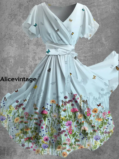 Vintage Floral Art Print V-Neck Short-Sleeve Flowy Midi Dress A / S