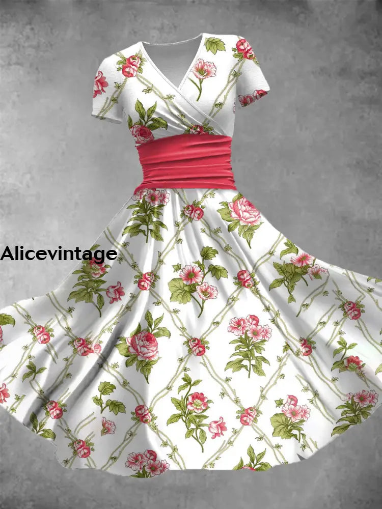 Vintage Floral Art Print V-Neck Short Sleeve Midi Dress