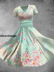 Vintage Floral Art Print V-Neck Short Sleeve Midi Dress