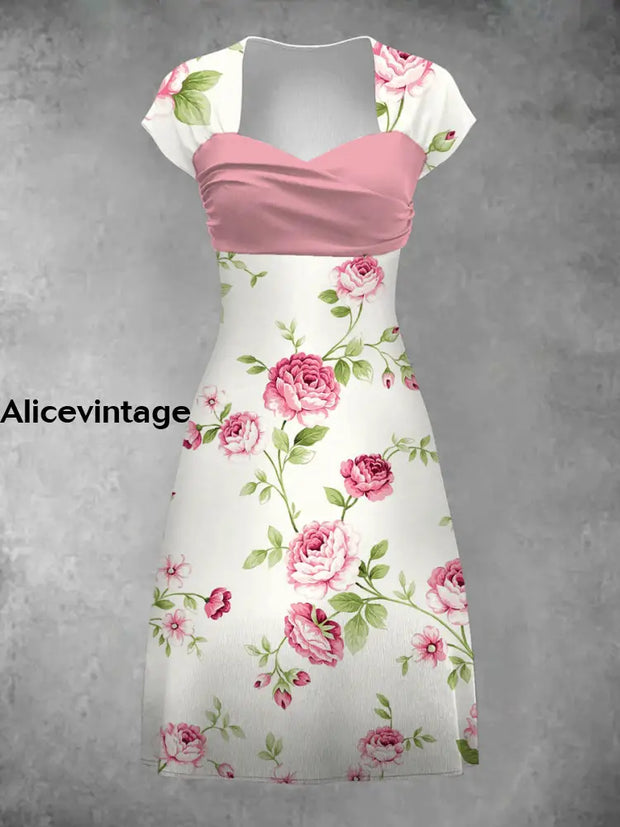 Vintage Floral Art Print V-Neck Short Sleeve Midi Dress A / S