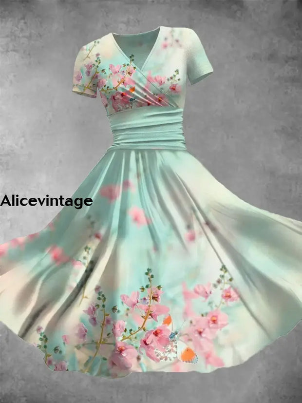 Vintage Floral Art Print V-Neck Short Sleeve Midi Dress A / S