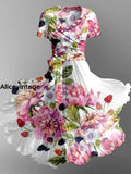 Vintage Floral Art Print V-Neck Short Sleeve Midi Dress Two Piece Set A / S