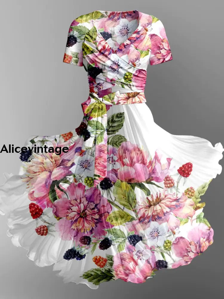 Vintage Floral Art Print V-Neck Short Sleeve Midi Dress Two Piece Set A / S